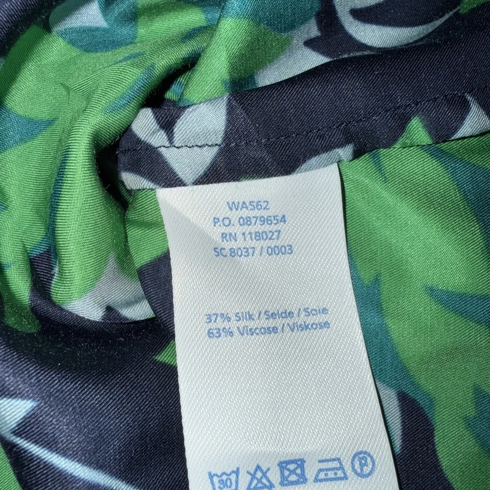 Boden Elisa top short sleeve silk blend‎ back zips up blue green ivory, size 18